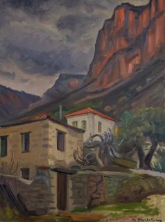 Leonidio Houses and Mountains, Tragic — Oil painting, Canvas, 54.00×73.00cm — Theodoros Markellos